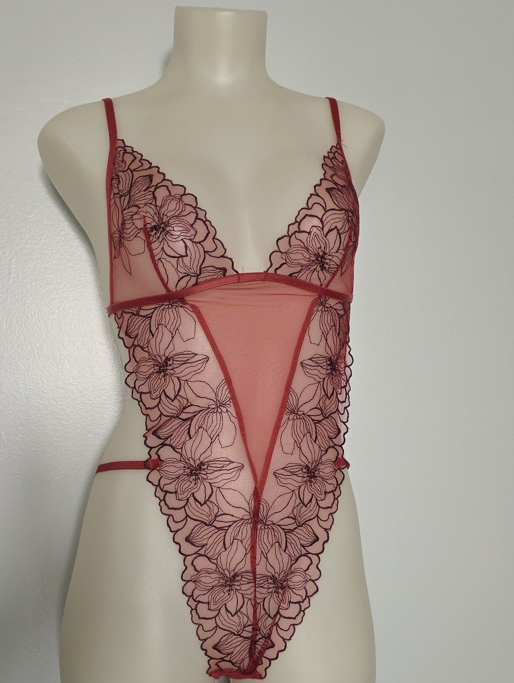 Sheer Floral Lace Lasenza Bodysuit - Rosey Red, XSmall